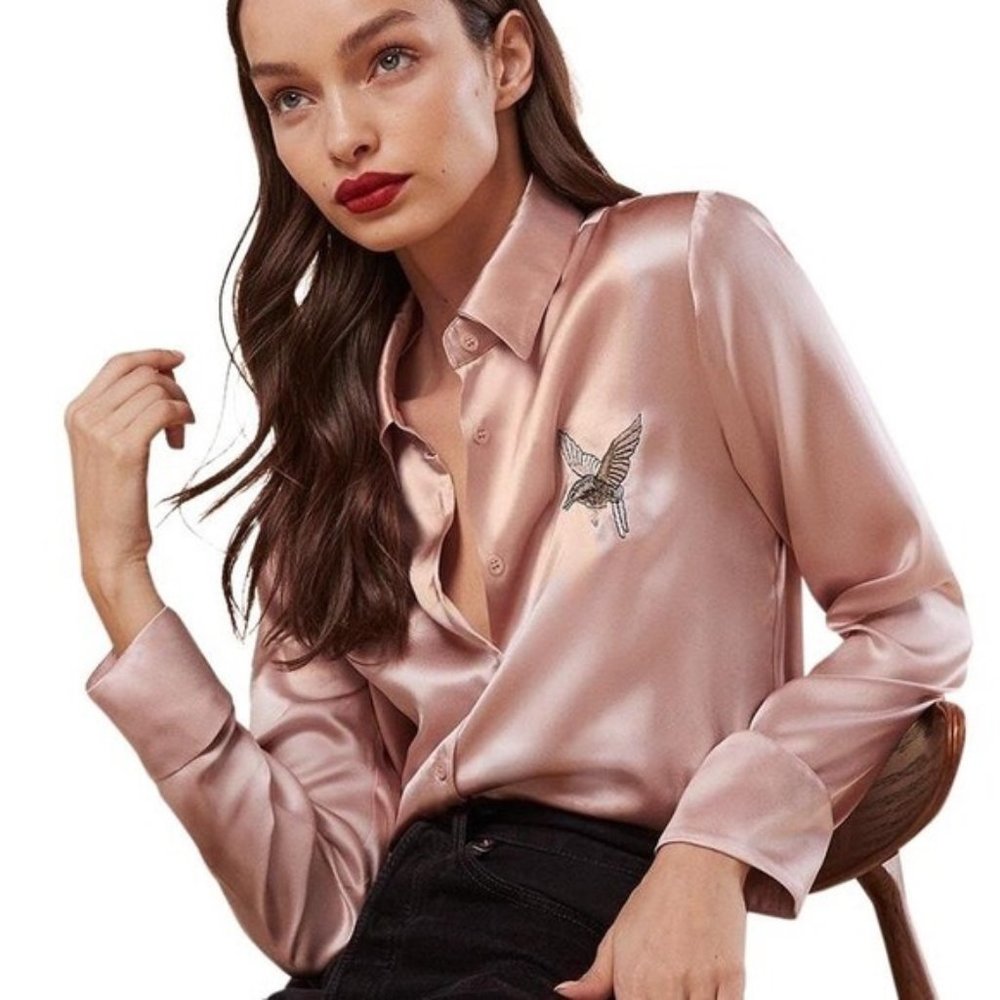 Reformation Dusty Rose Satin Button-Up Blouse with Embroidered Bird